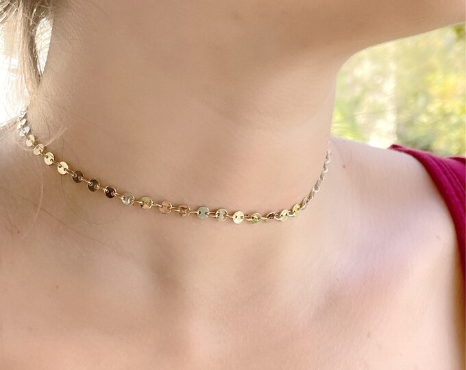 Gold disc choker necklace, Gold chain choker, Dainty gold disc necklace, Gold circle boho necklace, gold layered necklaces for women