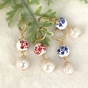 Porcelain earrings, Blue porcelain hoops, Pearl hoop earrings, Blue and pearl hoops, Dainty blue porcelain, Huggie earrings