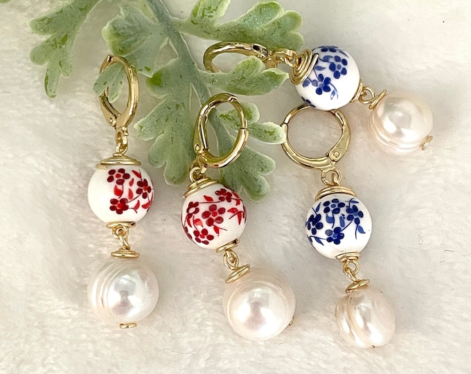 Porcelain earrings, Blue white floral porcelain earrings, Dainty blue porcelain, Freshwater pearl hoops, Gold huggie earrings, Gold Earrings