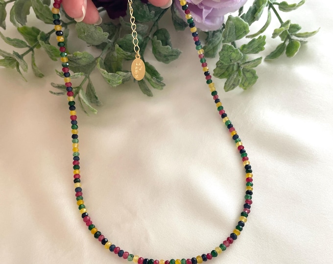 Faceted Agate Beaded Necklace, Rainbow Gemstones, Colorful Natural Beads