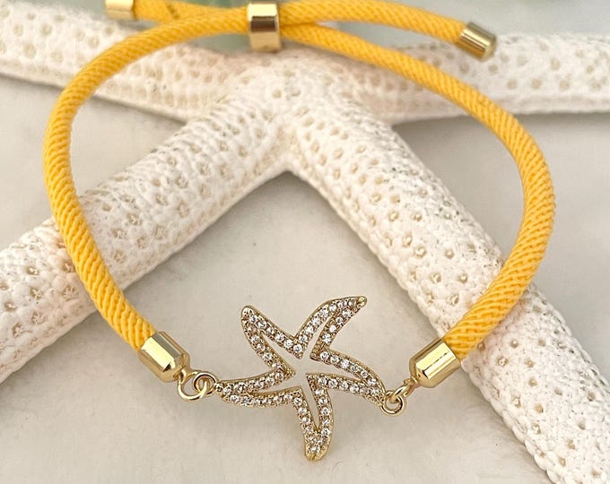 Starfish bracelet, gold starfish, sea life jewelry, bright yellow cord bracelet, starfish charm bracelet, beachy jewelry trends