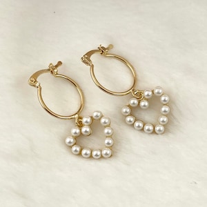 Pearl Hearts Small Hoops, Heart hoop earrings, Pearl hoop earrings, hoop earrings with charm, pearl huggie earrings