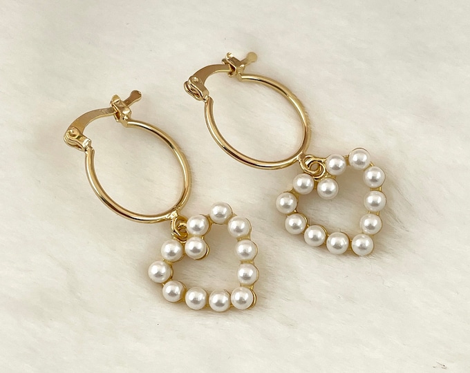 Pearl Hearts Small Hoops, Heart hoop earrings, Pearl hoop earrings, hoop earrings with charm, pearl huggie earrings