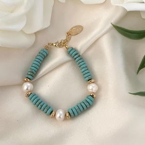 Natural Freshwater Pearl Bracelet With Turquoise Stones, Turquoise Bracelet, Bohemian Bracelet, Dainty Blue Bracelet, Gemstone Bracelet