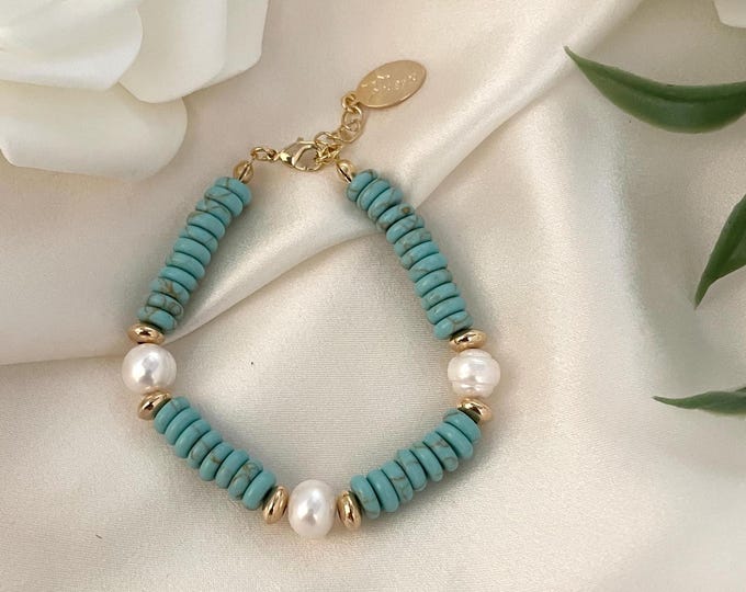 Natural Freshwater Pearl Bracelet With Turquoise Stones, Turquoise Bracelet, Bohemian Bracelet, Dainty Blue Bracelet, Gemstone Bracelet