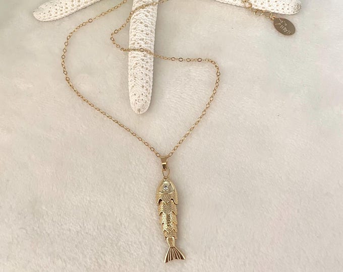 Gold fish necklace, fish pendant necklace, movable fish charm, gold charm necklace, articulated fish necklace, Swedish fish pendant