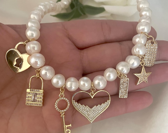 Charms pearl necklace, Pearl statement necklace, Multi charm necklace, Gold heart necklace, Key necklace, Promise necklace, Valentine gift