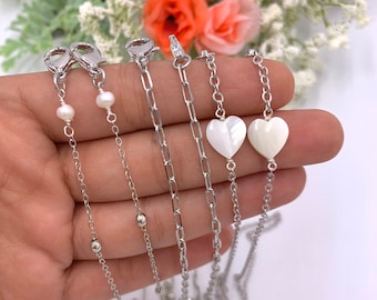 Minimalist Face Mask Lanyard: White Gold Plated Chain, Pearl & Mother of Pearl