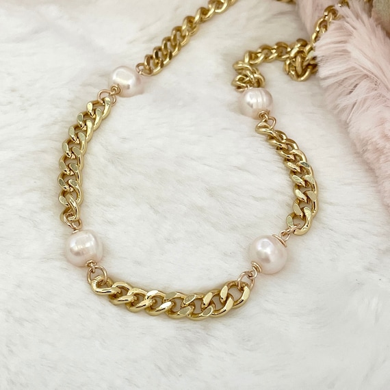 18Kゴールドメッキパールキューバンチェーンネックレス - Etsy 日本
