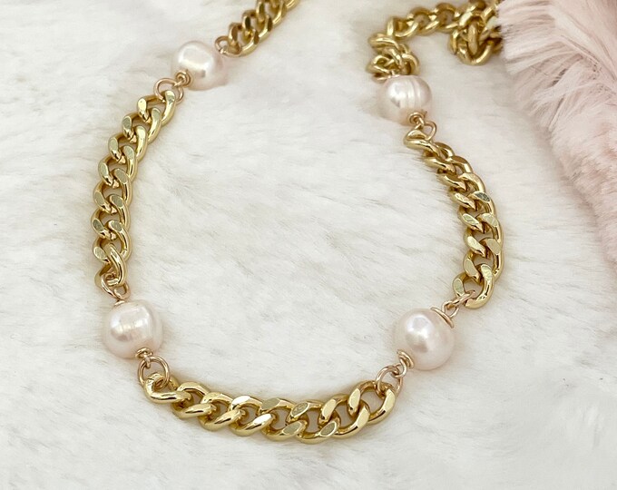 18k Gold Plated Pearl Cuban Chain Necklace
