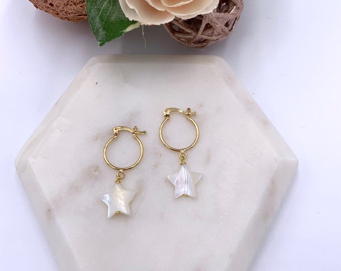 Star hoop earrings, Tiny star earrings, Hoop earrings with charm, tiny gold hoops, thin gold hoops, small pearl hoops, mini gold hoops.