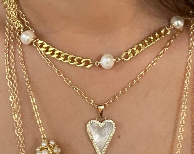 Dainty Heart Necklace, Pearl Heart necklace, gold plated heart necklace, gold short necklace, will you be my bridesmaid gift, gift for her