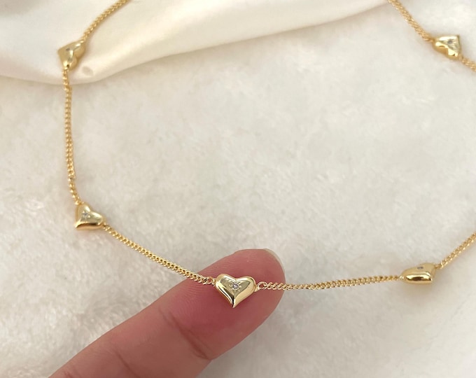 Dainty Gold Heart Station Necklace: 18K Plated, 15 inch
