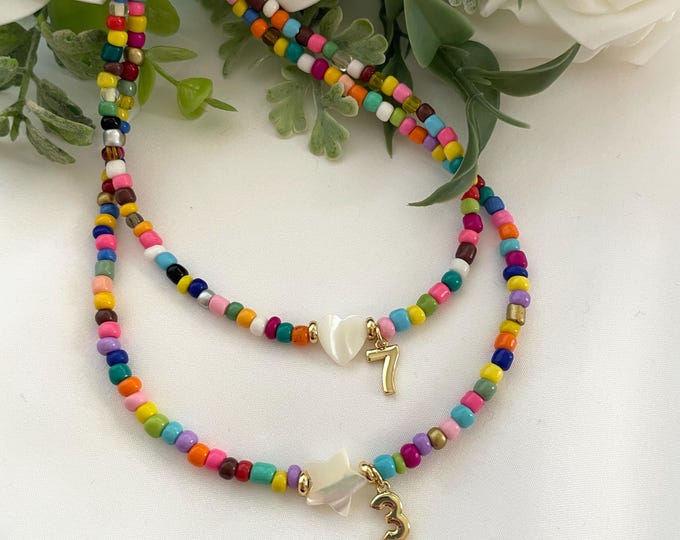 Personalized Number Necklace, Seed Bead Choker, Mother of Pearl Heart