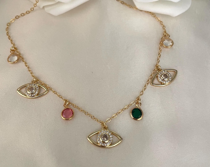 Gold Evil Eye necklace, Multi Charm Necklace, Gold Charm Necklace, Cubic Zirconia Evil Eye Necklace, Crystal Charm Necklace, Meaningful Gift