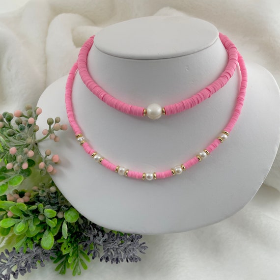 ネックレス・チョーカー BASSCLEF bead beads necklace Heishi Bead Necklace Women, Vinyl Heishi Beads, Pink