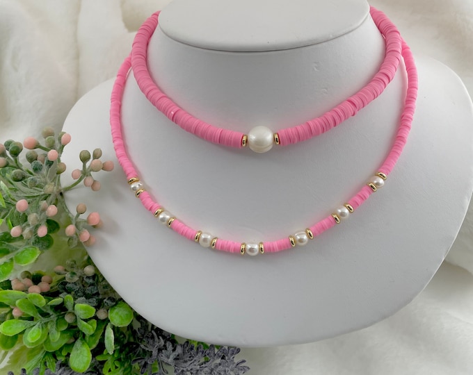 Heishi bead necklace women, vinyl heishi beads, Pink statement necklace, Polymer Clay Necklace, choker for women, Polymer Bead Necklace