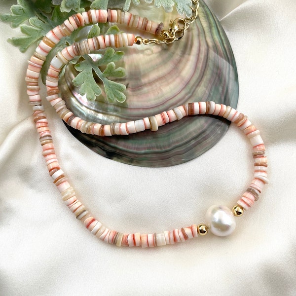 Puka shell necklace, Surfer girl necklace, Heishi beads necklace, Boho layered necklace, Heishi shell necklace, Hawaiian necklace