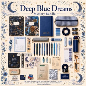 May include: A Deep Blue Dreams mystery bundle featuring two floral notebooks, a blue journal, a striped pencil case, pens, highlighters, bookmarks, stickers, a tea tree face mask, a small tin, a blue ink pad, and various stationery items.