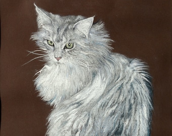 Giclee Fine Art Print of Maine Coon Cat Chalk Pastel Portrait