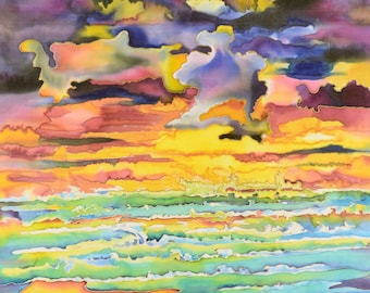 Giclee Fine Art Print of Inspirational Ocean Sunrise on  Handpainted Silk