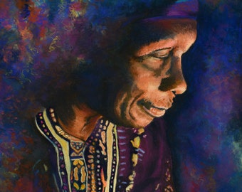 Giclee Fine Art Print of African American Drummer Portrait named Tbow in vivid color chalk pastel