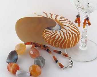Choker Necklace and Earring Set Made From Carnelian, Mixed Stone and Sterling Silver