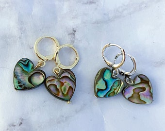 Natural Iridescent Abalone Shell Heart Huggie Earrings | Silver OR Gold