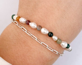 Indian Agate & Freshwater Pearl Stretchy Bracelet