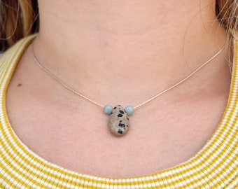 Sterling Silver Gemstone Teardrop Snake Chain Necklace - Dalmatian Jasper and Amazonite