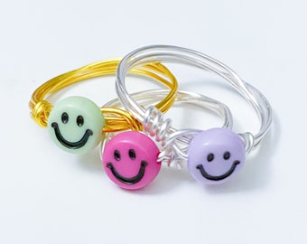 Customizable Smiley Face Bead Wire Wrapped Ring