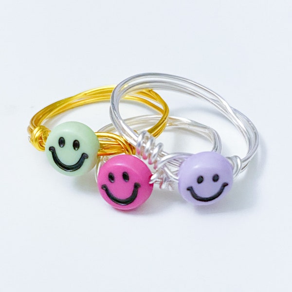 Customizable Smiley Face Bead Wire Wrapped Ring