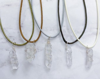 Wire Wrapped Clear Crystal Waxed Necklace