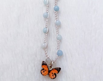 Customizable Orange Butterfly Charm Crochet Necklace