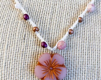 Pink Hibiscus Flower Charm Crochet Necklace