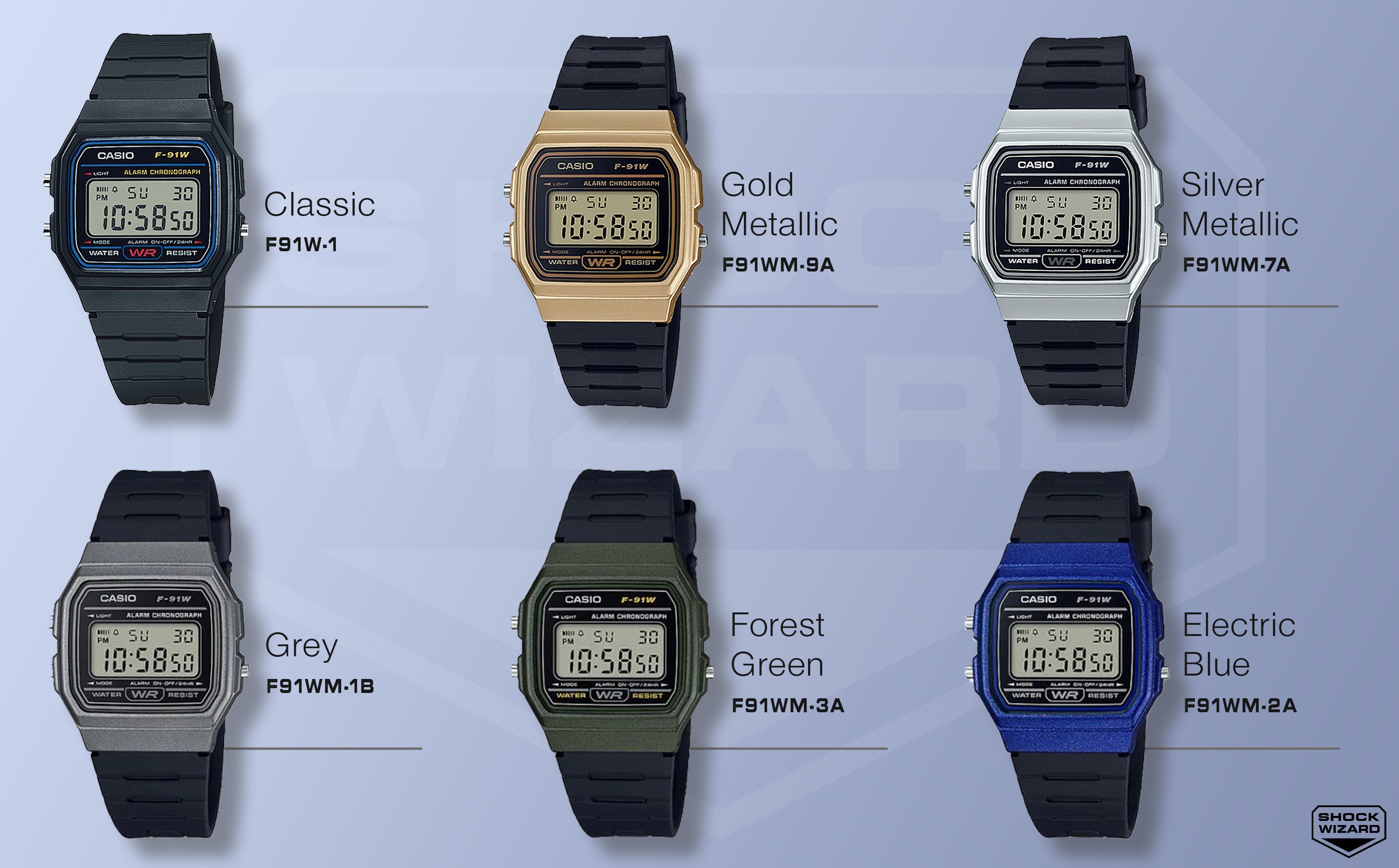 CASIO F-91 BLACK GOLD BLUE GREEN SILVER GREY YELLOW CELESTIAL PINK WHITE