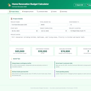 Budgetkalkylator för renovering | Ombyggnadsspårning | HTML | Entreprenörsbudgeter | Avkastning på investering | Offline