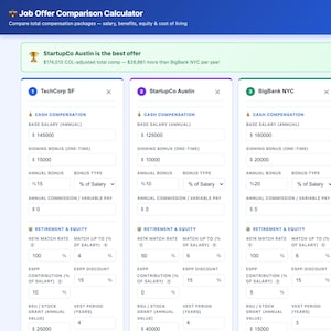 May include: A job offer comparison calculator displays compensation packages. The calculator compares salary, benefits, and equity. The image shows three offers: TechCorp SF, StartupCo Austin, and BigBank NYC, with details on cash compensation and retirement plans.