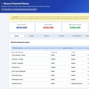 May include: A digital Divorce Financial Planner interface. The screen displays financial data, including total assets, debts, and marital net worth. It features sections for assets, debts, division, and alimony, with a table listing marital and separate assets.