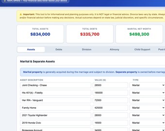 Divorce Financial Planner | Asset Division Calculator | Child Support Alimony Estimator | Budget Tool
