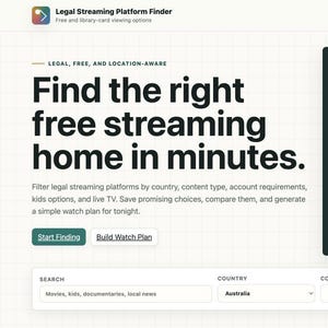 May include: A digital interface for a Legal Streaming Platform Finder with the headline Find the right free streaming home in minutes. It includes a dark green Current Directory box showing 21 platforms, 8 countries, 6 content paths, and categories for FAST, LIB, and PBS. Search filters for country, content, and access are visible at the bottom.