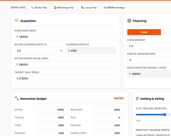House Flip Calculator | Fix & Flip Profit Tool | HTML | ROI | 70% Rule | Renovation Budget | MAO