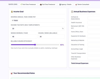 Freelancer Rate Calculator | Hourly Rate Tool | HTML | Self-Employed | Tax | Billable Hours | Income