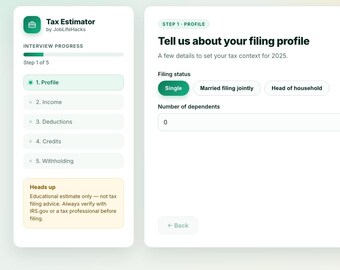 Tax Estimator Tool 2025 | Federal Tax Calculator | Guided Interview | Printable PDF Summary | Digital Download