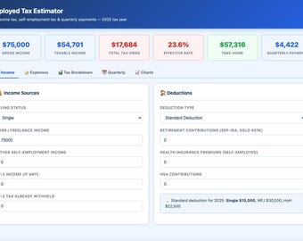 Self Employed Tax Calculator | 1099 Tax Estimator | HTML Tool | Freelancer | Quarterly Payments | Schedule C