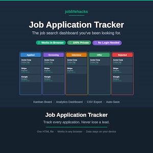 May include: A dark blue Job Application Tracker dashboard with color-coded sections for job search stages. The text includes "Job Application Tracker" and "Track every application. Never lose a lead."