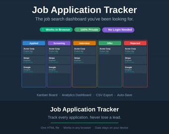 Job Application Tracker HTML | Kanban Board & Analytics Dashboard | No Login Needed | Instant Download