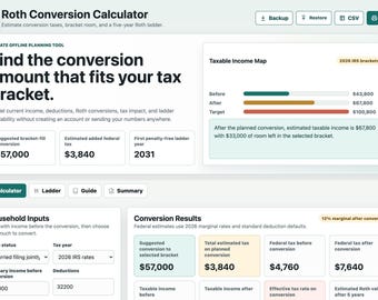Roth Conversion Calculator | Tax Planner, 5-Year Ladder Tool (Digital Download)