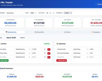 Small Business P&L Tracker | HTML Income Expense Log (Offline Use)