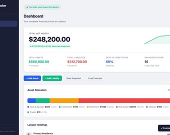 Net Worth Tracker Dashboard | Financial Planner | Wealth Asset Calculator (HTML Download)